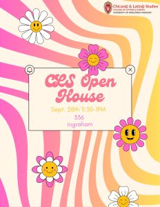 Flyer for open house, with smiling flowers on a wavy striped background