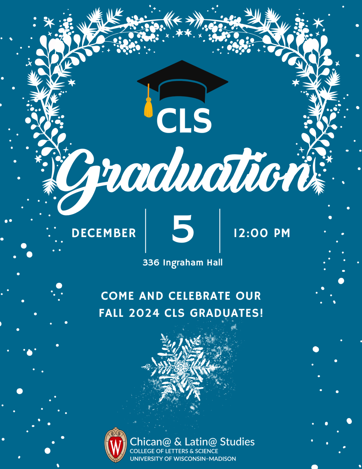Flyer for CLS Fall Graduation Ceremony, with snowflakes and a mortar board