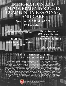 Flyer for CLS Teach-in, with text against law books in black and white