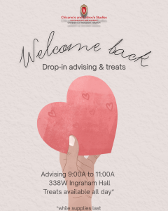 Flyer for welcome back event, showing a hand holding a heart. 