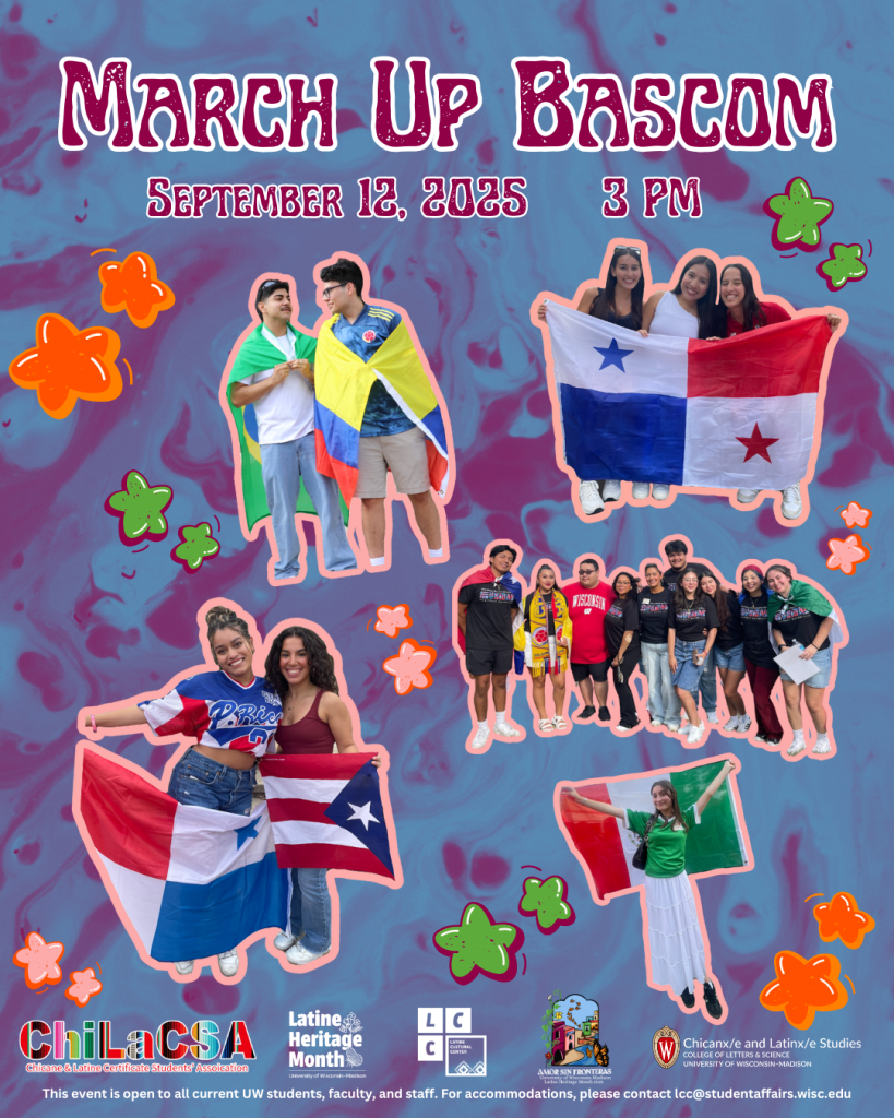 March Up Bascom Flyer, showing students displaying the flags of Latin American countries against a purple and blue background. 