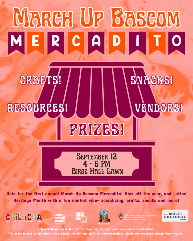 Mercadito Flyer, showing a stylized image of a booth, announcing crafts, snacks, vendors, and resources. 