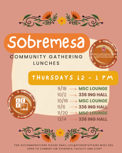 Flyer showing the schedule of "Sobre Mesa" lunches (9/18, 10/2, 10/16, 11/6, 11/20, and 12/4). 