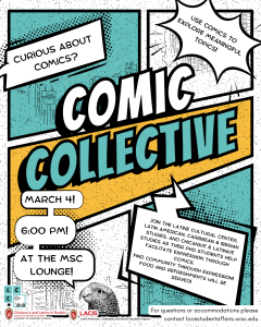 Comic collective flyer, with information about the event rendered as if on a comic book cover