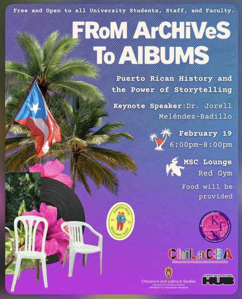Event flyer, showing palms, chairs, flowers, and a Puerto Rican flag against a gradient blue-to-lavender background.