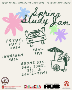 Spring study jam flyer, with colorful star-like designs, an anthropomorphized turntable, and a cart with an umbrella and a vendor selling cold items.