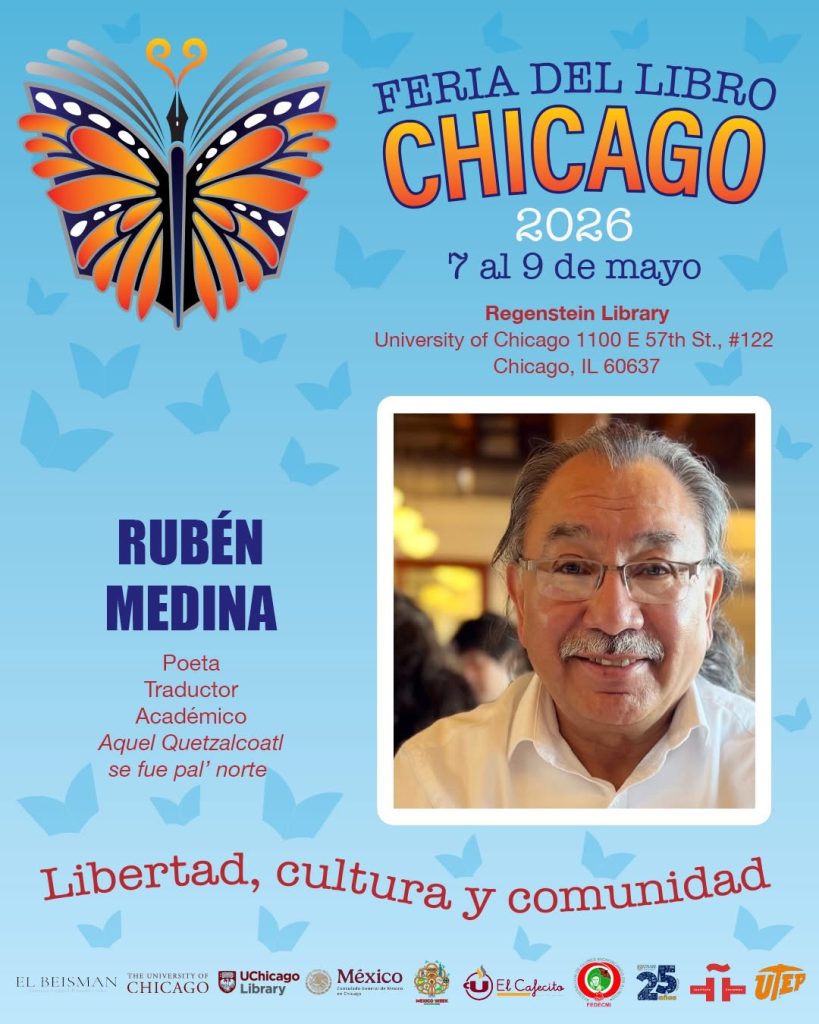 Feria del libro poster, showing an image of Ruben medina and a book combined with a monarch butterfly and a fountain pen, along with the logos of sponsors.